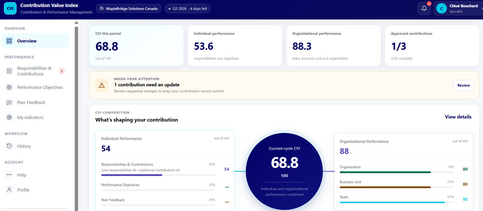 CVI dashboard with individual performance, organizational performance and contribution value index